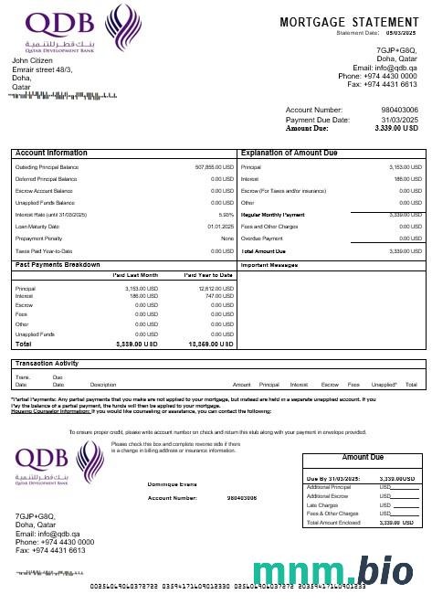 Katar Bank Rozwoju wyciąg z kredytu hipotecznego w formatach Word i PDF